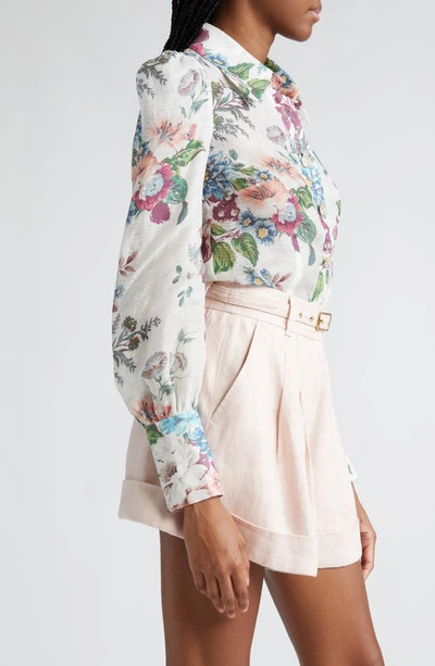 Shop Zimmermann Matchmaker Floral Print Linen & Silk Shirt In Ivory Barkcloth Print