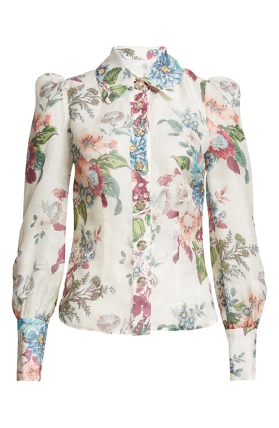 Shop Zimmermann Matchmaker Floral Print Linen & Silk Shirt In Ivory Barkcloth Print