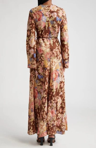 Shop Zimmermann August Floral Print Long Sleeve Belted Linen Maxi Dress In Chocolate Floral