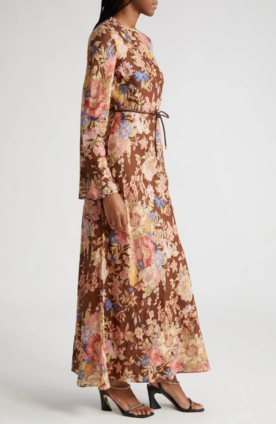 Shop Zimmermann August Floral Print Long Sleeve Belted Linen Maxi Dress In Chocolate Floral