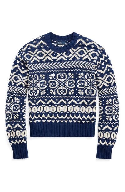 Shop Ralph Lauren Snowflake Wool Blend Crewneck Sweater In Navy/ Cream