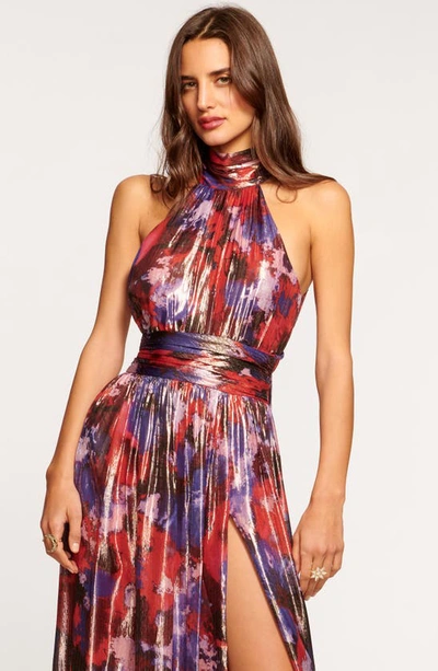 Shop Ramy Brook Ainsley Metallic Mock Neck Gown In Soiree Red Blurred Flower