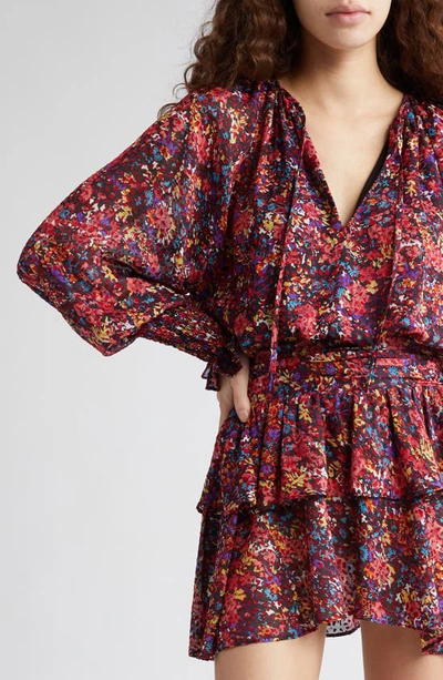 Shop Ramy Brook Mabel Floral Long Sleeve Chiffon Minidress In Soiree Red French Burnout
