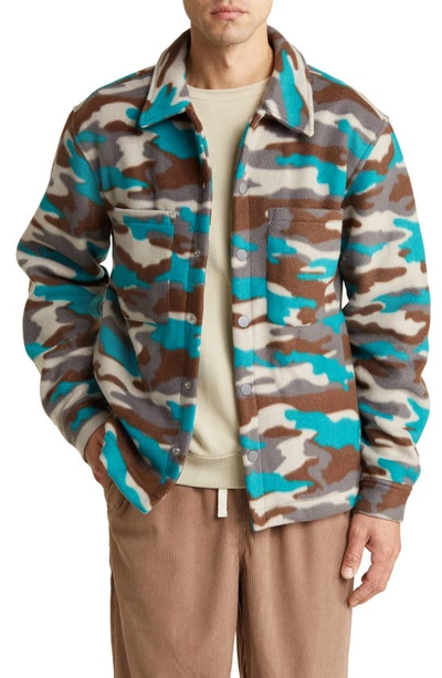Shop Bp. Print Polar Fleece Snap-up Shirt In Teal- Brown Camo