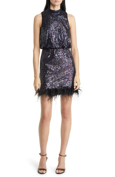 Shop Eliza J Feather Trim Sequin Blouson Minidress In Black Multi