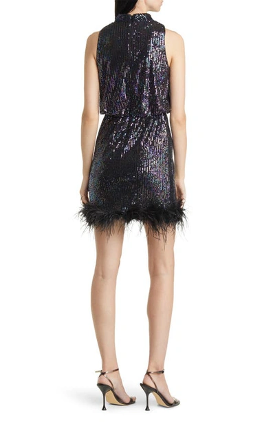Shop Eliza J Feather Trim Sequin Blouson Minidress In Black Multi