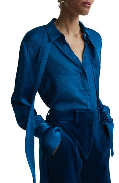 Shop Reiss Gabrielle Tie Neck Satin Shirt In Dark Blue