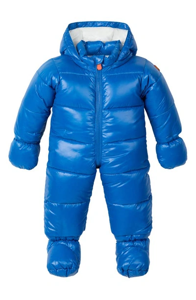 Shop Save The Duck Hooded Quilted Snowsuit With Removable Mittens In Blue Berry