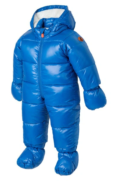 Shop Save The Duck Hooded Quilted Snowsuit With Removable Mittens In Blue Berry