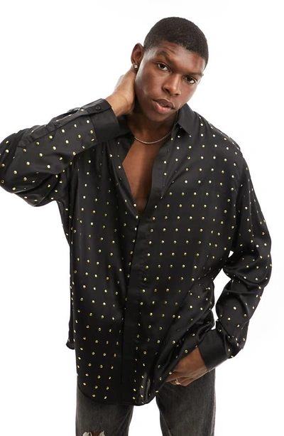 Shop Asos Design Studded Button-up Shirt In Black