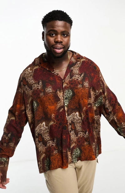 Shop Asos Design Relaxed Fit Abstract Animal Print Long Sleeve Bowling Shirt In Brown
