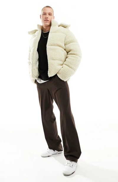 Shop Asos Design Hooded High Pile Fleece Puffer Jacket In Ecru