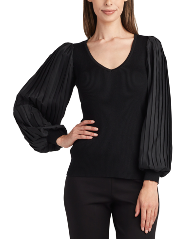 Shop Bcx Juniors' Contrast Pleated-sleeve Ribbed Sweater In Black