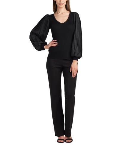 Shop Bcx Juniors' Contrast Pleated-sleeve Ribbed Sweater In Black