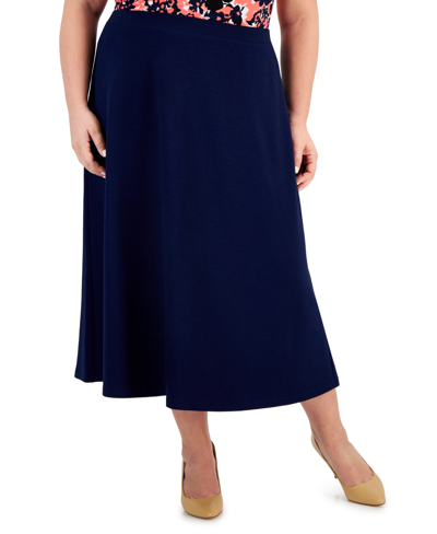 Shop Kasper Plus Size Solid Pull-on Seamed Midi Skirt In  Navy