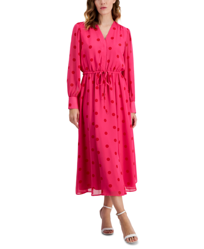 Shop Anne Klein Women's Polka-dot Drawstring Midi Dress In Light Amaranth,poppy