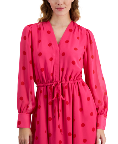 Shop Anne Klein Women's Polka-dot Drawstring Midi Dress In Light Amaranth,poppy