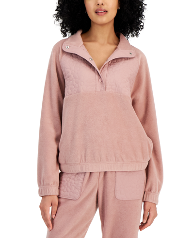 Shop Hippie Rose Juniors' Polar Fleece Quilted Quarter-snap Sweatshirt In Mauve Daisy