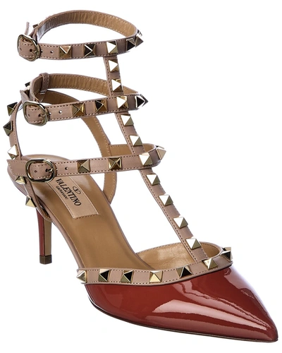Shop Valentino Rockstud Caged 65 Patent Ankle Strap Pump In Brown