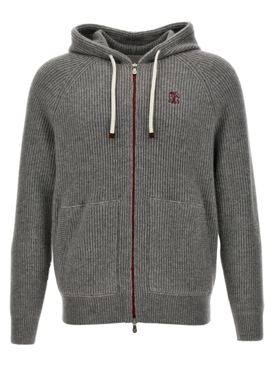 Shop Brunello Cucinelli Logo Embroidered Hooded Cardigan Sweater, Cardigans Gray