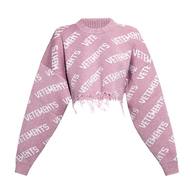 Shop Vetements Cropped Sweater With Logo In Baby_pink_white
