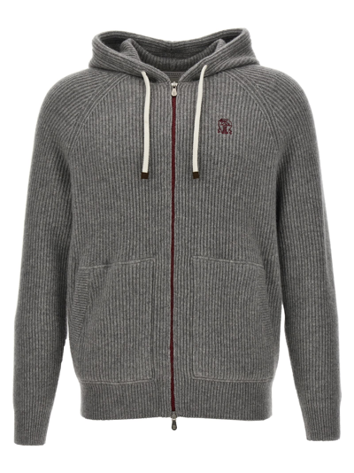 Shop Brunello Cucinelli Logo Embroidered Hooded Cardigan In Gray