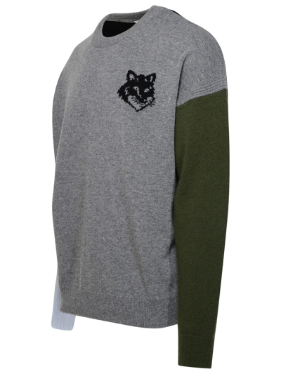 Shop Maison Kitsuné Fox Head Grey Wool Sweater
