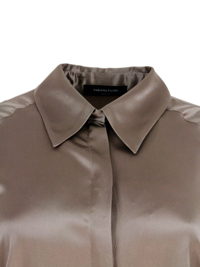 Shop Fabiana Filippi Long-sleeved Stretch Silk Shirt With Button Closure In Bronze