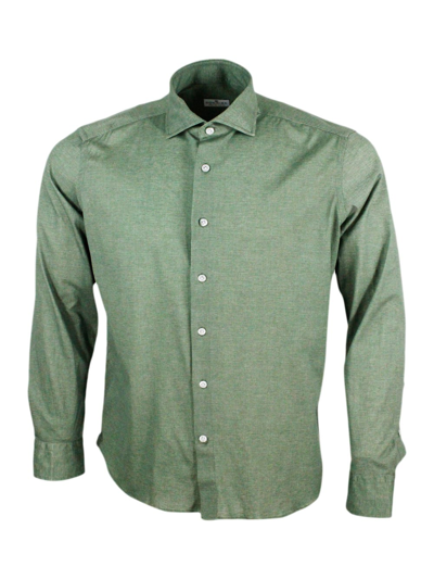Shop Sonrisa Luxury Shirt In Soft, Precious And Very Fine Stretch Cotton Flower With French Collar In Two-tone Me In Green