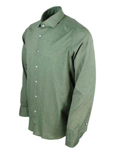 Shop Sonrisa Luxury Shirt In Soft, Precious And Very Fine Stretch Cotton Flower With French Collar In Two-tone Me In Green