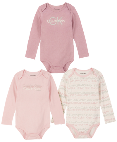 Shop Calvin Klein Baby Girls Logo Print And Single-dye Long Sleeve Bodysuits, Pack Of 3 In Pink