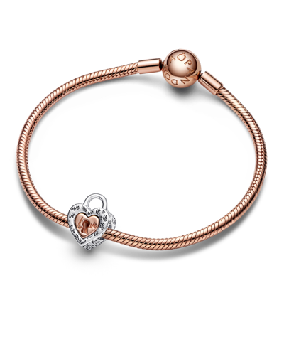 Pandora Sterling Silver Two-tone Padlock Splitable Heart Charm In Silver,rose-gold