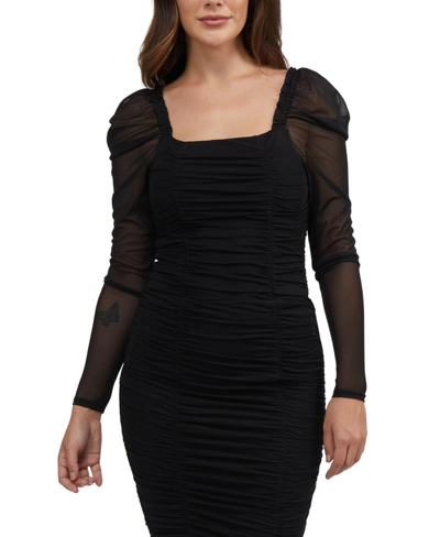 Shop Bebe Women's Ruched Mesh Puff Sleeve Bodysuit In Black