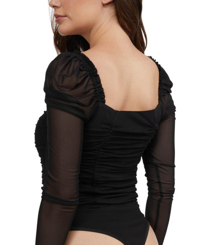 Shop Bebe Women's Ruched Mesh Puff Sleeve Bodysuit In Black