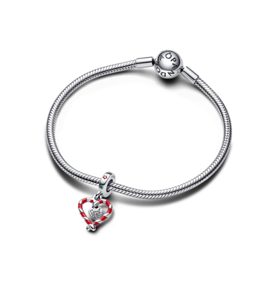 Pandora Cubic Zirconia Double Candy Cane Heart Christmas Dangle Charm In Multicolor