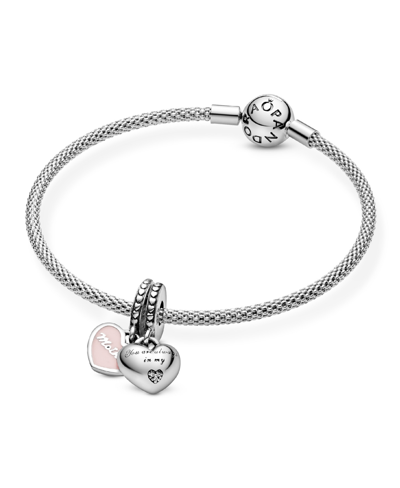 Pandora Cubic Zirconia Mother Daughter Hearts Dangle Charm In Pink
