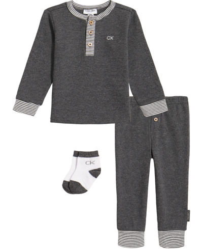 Shop Calvin Klein Baby Boys Thermal Henley Top And Pants With Socks, 3 Piece Set In Gray