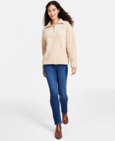 Shop Tommy Hilfiger Womens Cable Knit Mock Neck Coat Straight Jeans In Enchant Wash