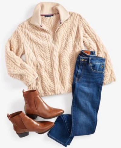 Tommy Hilfiger Womens Cable Knit Mock Neck Coat Straight Jeans In Enchant Wash