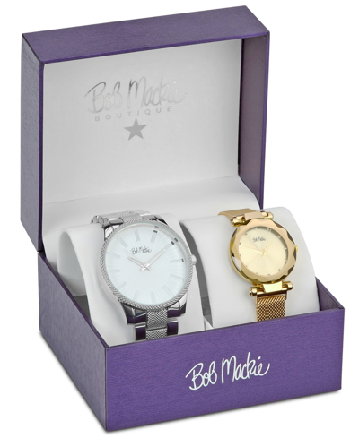 Shop Bob Mackie Men's And Women's Quartz Silver-tone And Gold-tone Alloy 2 Piece Watch Set, 45mm And 33mm In Gray,gold