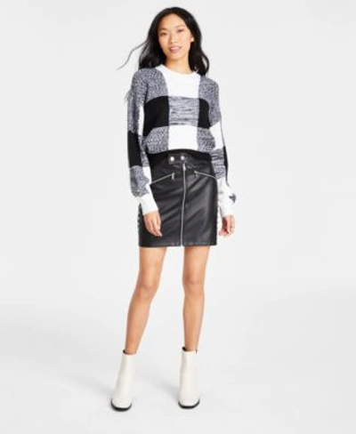Shop Dkny Jeans Womens Box Plaid Long Sleeve Pullover Sweater Faux Leather Studded Mini Skirt In Black