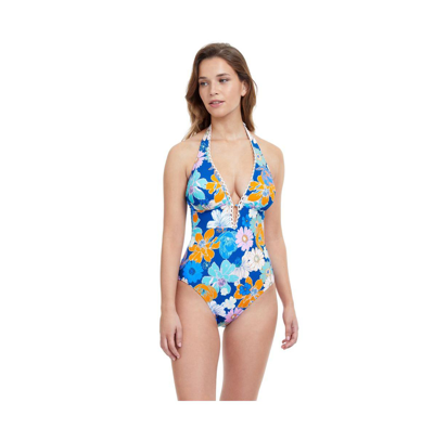 Shop Profile By Gottex Rising Sun Deep V-neck Halter One Piece Swimsuit In Blue Multi