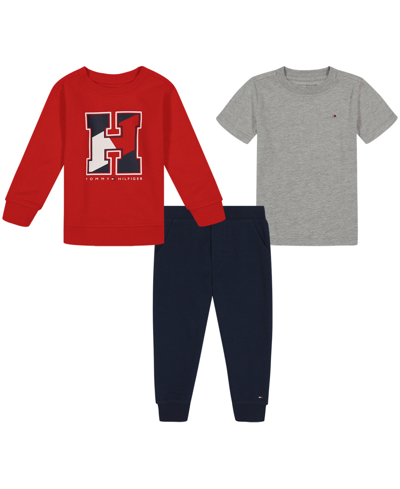 Shop Tommy Hilfiger Baby Boys Basic T-shirt, Fleece Monogram Crewneck And Joggers, 3 Piece Set In Red