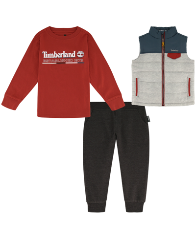 Shop Timberland Toddler Boys Color Block Puffer Vest, Graphic T-shirt And Fleece Joggers, 3 Piece Set In Gray