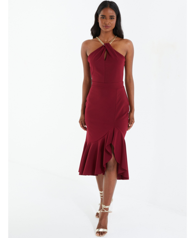 Shop Quiz Women's Chain Halter Frill Hem Midi Dress In Red