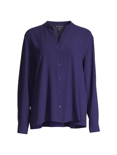 Shop Eileen Fisher Women's Mandarin Collar Silk Shirt In Venus Blue