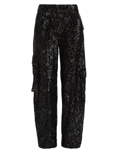 Shop Rotate Birger Christensen Women's Sequined Straight-leg Cargo Pants In Black
