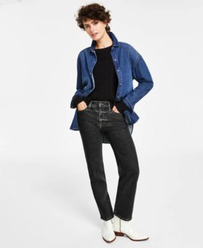Shop Calvin Klein Jeans Est.1978 Womens Oversized Denim Overshirt Jacket Cable Knit Cropped Sweater Straight Leg Denim Jeans In Black Frost