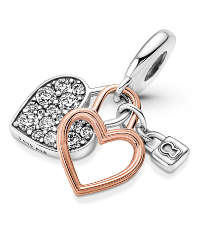 Pandora Cubic Zirconia Heart Padlock Double Dangle Charm In Clear