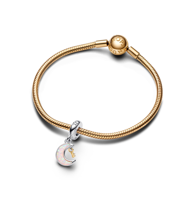 Pandora Cubic Zirconia Two-tone Key Moon Dangle Charm In Pink